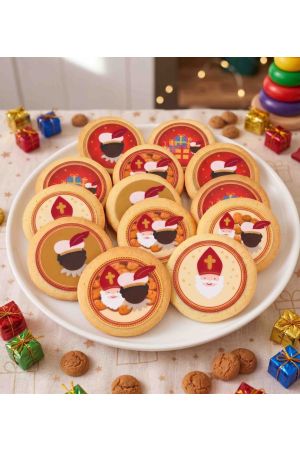 Assiette de biscuits de Saint-Nicolas décorés de disques en sucre avec Saint Nicolas, le Père Fouettard et des cadeaux.