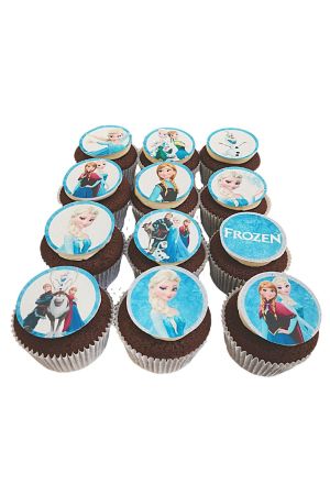 Frozen birthday cupcakes decorated with round edible fondant toppers featuring Elsa, Anna, Olaf, Kristoff, Sven, and the movie logo, handcrafted by The French Cake Company.