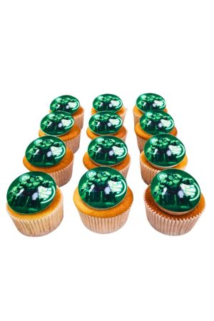 Cupcakes topped with round edible prints featuring the Incredible Hulk in an action pose.
