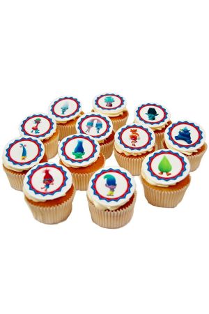 Colorful Trolls party cupcakes topped with printed character medallions by The French Cake Company