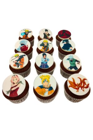 Twelve chocolate cupcakes topped with edible discs featuring characters and symbols from the Naruto anime (such as Naruto, Sasuke, Kakashi, and Sakura)