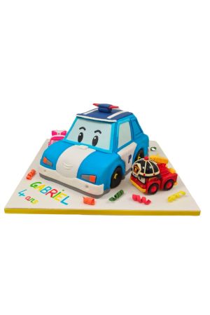 3D Robocar Poli politieauto verjaardagstaart met reddingsteam figuurtjes op een gepersonaliseerde plank