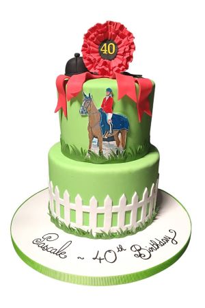 Gâteau sur le thème de l'équitation, avec l'âge et une photo du cavalier et de sa monture.