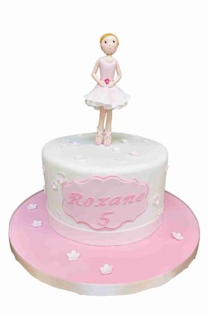 Handmade ballerina on a pink and white cake