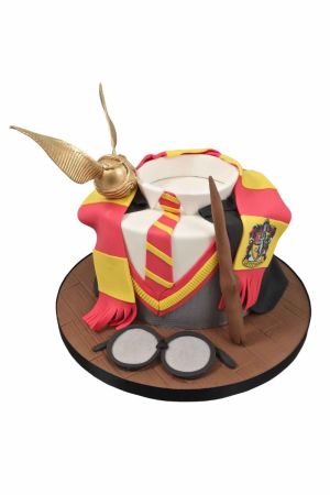 Un gâteau d'anniversaire rond en pâte à sucre sculpté en forme de chemise blanche et pull de Poudlard, drapé d'une écharpe rouge et jaune Gryffondor, surmonté d'un Vif d'Or en sucre, d'une baguette et de lunettes noires.