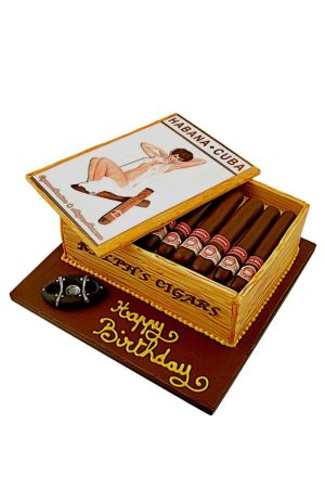 Birthday cake decorated with Cuban cigar theme.
