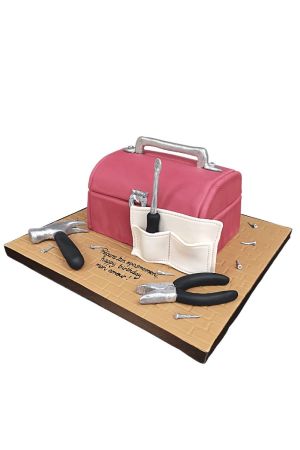 Un gâteau d'anniversaire haut de gamme sculpté en 3D en forme de boîte à outils rouge avec un marteau, une pince, un tournevis et des vis en sucre.