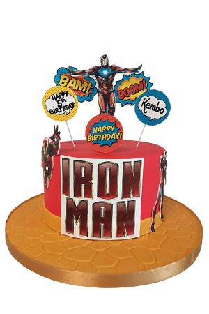 Ironman birthday cake with Ironman image and pop outs