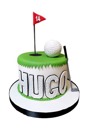 Single tier golf sport birthday cake with a large golf ball, putter club, and red flag created by The French Cake Company