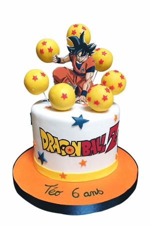 Dragon Ball Z cake with image of San Goku and balls as decorations