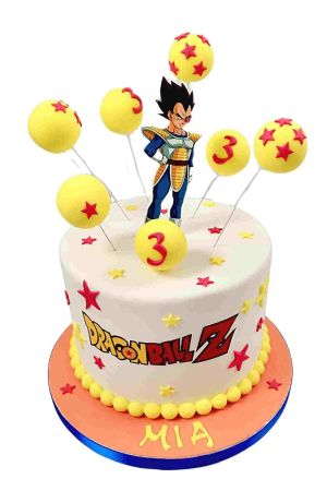 Afbeelding van Dragonball Vegeta op een verjaardagstaart met ballen die de leeftijd aangeven.