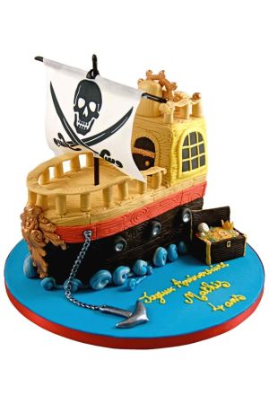 A magnificent 3D sculpted birthday cake meticulously shaped like a realistic black and tan pirate galleon ship sailing on blue sugar waves, featuring a large white sail with a black skull and crossbones, a silver anchor on a chain, and an open treasure ch