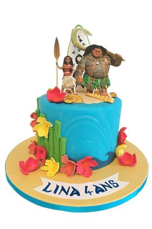 Moana and Maui birthday cake with characters and Maui's surfboard