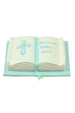 A communion cake sculpted into the shape of an open Bible with turquoise accents and a cross on the left page.