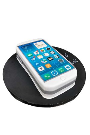 Gâteau d'anniversaire sculpté 3D smartphone iPhone blanc avec écran d'applications coloré conçu par The French Cake Company