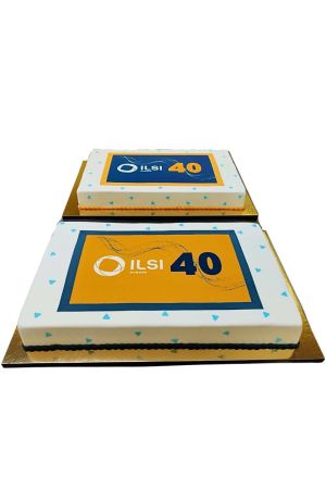 Duo de gâteaux rectangulaires à étage unique personnalisés avec logo d'entreprise sur supports dorés
