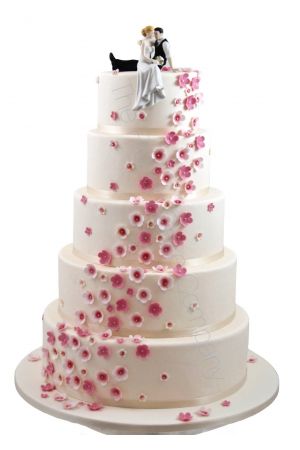 Pink flowers cascade wedding cake