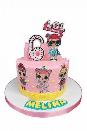 a pink cake with LOL surprise dolls characters on it