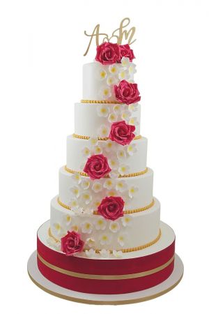 Red roses cascade wedding cake