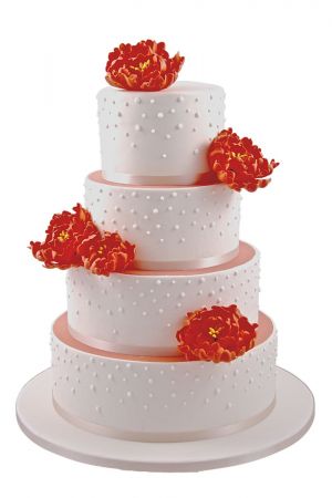 Coral peonies and pearls wedding cake